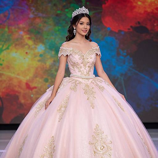 Photograph of a beautiful, dark-haired woman wearing an off-shoulder, white, gold-embellished ball gown with a full skirt,