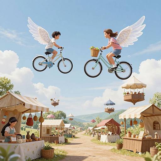 Digital illustration: Two angel-winged children in sky-blue bicycles flying over a sunny, bustling outdoor market with tents, stalls, and blue sky.