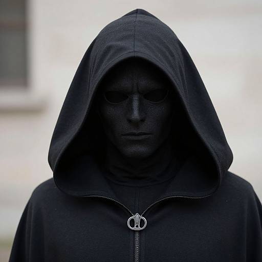 Photograph of a person with a black face and closed eyes, wearing a black hooded jacket with a silver pendant, against a blurred white and gray