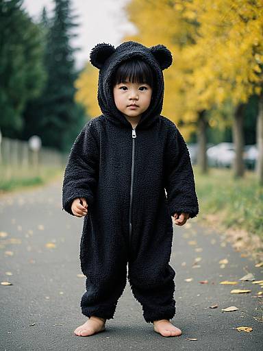 Toddler in Black Bear Costume Outdoors