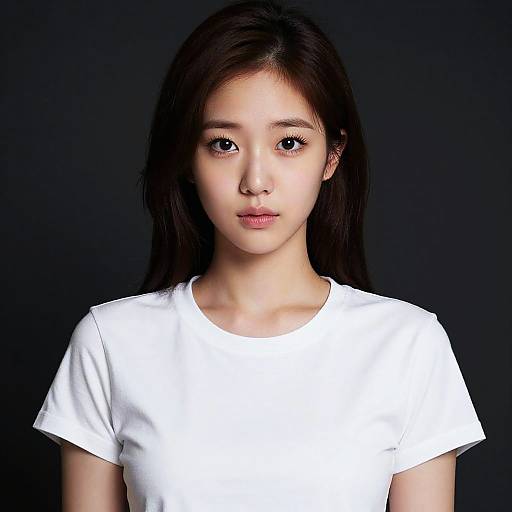 Photograph of a young Asian woman with long black hair, fair skin, and delicate features, wearing a plain white t-shirt, against a solid black