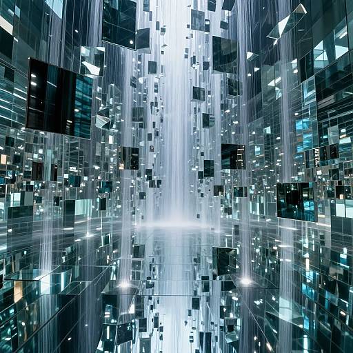 Abstract digital artwork featuring a central bright white light surrounded by reflective, fragmented, black and blue rectangular tiles, creating a futuristic, illuminated cityscape effect.