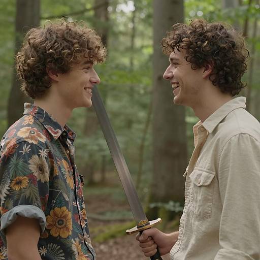 Young Men Smiling with Wooden Sword in Forest