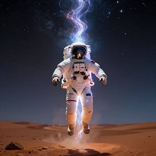 Photorealistic CGI of an astronaut in a white spacesuit with a glowing blue aura, floating over a sandy, starry desert landscape.