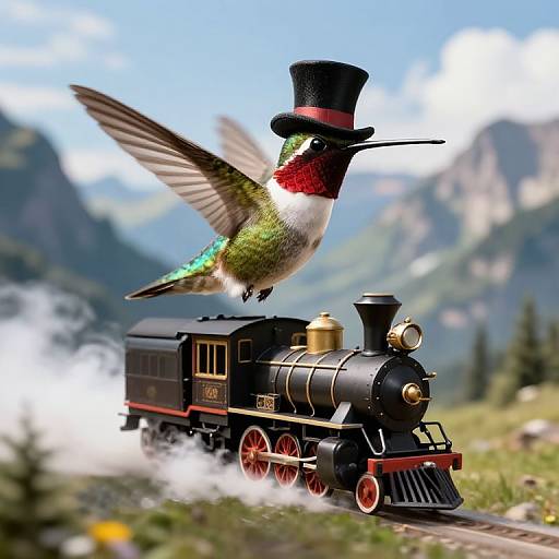 Photorealistic digital image of a hummingbird with green, red, and white feathers wearing a black top hat, perched on a vintage black steam
