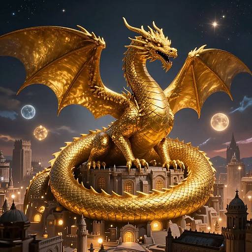Digital artwork of a giant, golden dragon with shimmering scales and outstretched wings, perched atop a medieval cityscape under a starry night