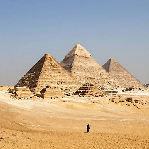 Photograph of three large, pyramid-shaped ancient Egyptian stone structures under a clear blue sky, with a small, solitary figure standing in the sandy foreground.