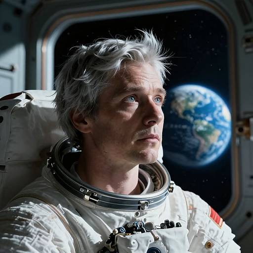 Photograph of a middle-aged man with gray hair in a white astronaut suit, gazing at a view of Earth from space through a window.