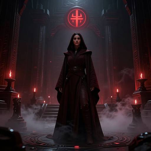 Digital artwork of a mysterious woman in a black, hooded, gothic dress standing in a misty, red-lit, cathedral-like room with
