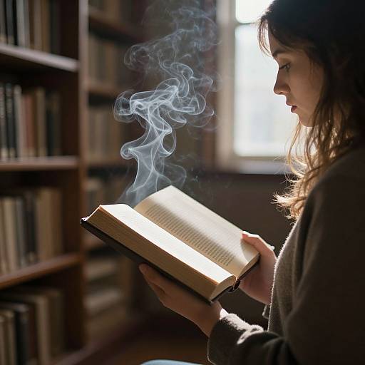 Photograph of a woman with long brown hair, wearing a gray sweater, reading an open book with wisps of smoke rising from it, in a
