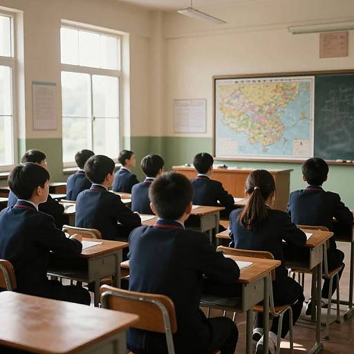 Photograph of a classroom with Asian students in navy school uniforms, sitting at wooden desks, facing a large map-covered blackboard. Bright sunlight streams through