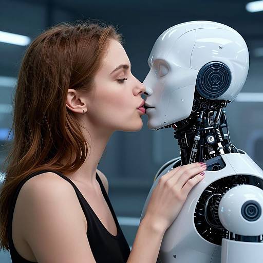 Photograph of a fair-skinned woman with brown hair kissing a white, robotic humanoid with intricate mechanical details in a futuristic lab.