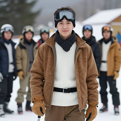 Photograph of an Asian man in a brown jacket, white sweater, and ski goggles, standing in a snowy ski resort with other skiers in the