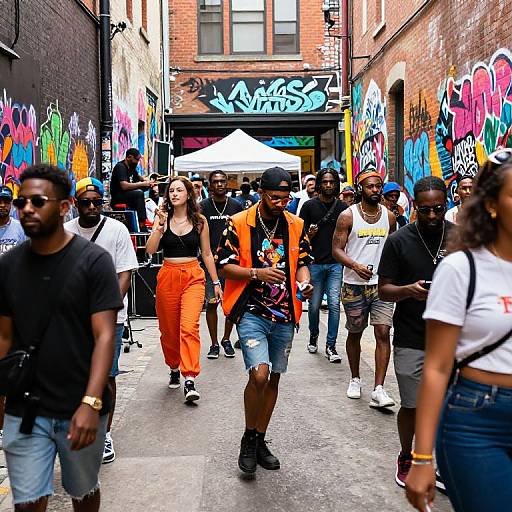 Photograph of diverse, stylish urban crowd walking through graffiti-covered alley, featuring vibrant tags, a white tent, and brick buildings.