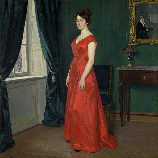Victorian-era painting of a pale-skinned woman in a red satin gown, standing in a dimly lit, elegant room with dark curtains and a
