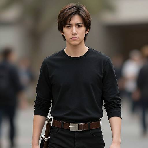 Photograph of a young Asian man with short, dark brown hair, wearing a black long-sleeve shirt and black pants with a brown belt,