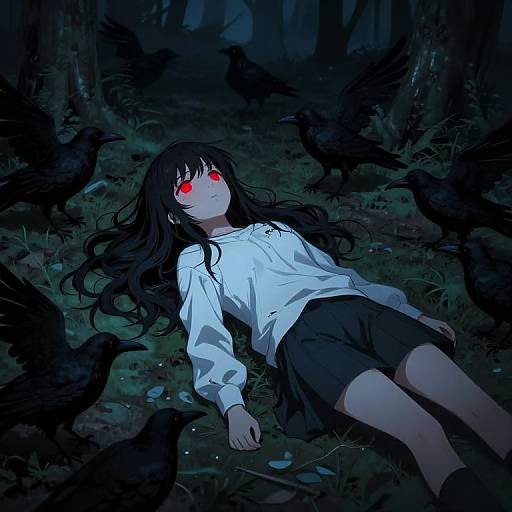 Eerie Neon Anime Girl with Crows