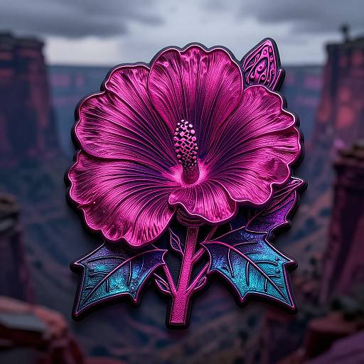 Digital neon pink hibiscus flower with blue bat-shaped leaves, set against a blurred canyon landscape background, creating a vibrant, surreal effect.