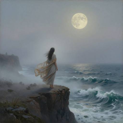 Digital painting of a woman in a flowing white dress standing on a cliff, watching a full moon over a misty, turbulent ocean.