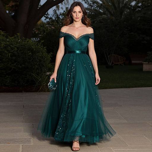 Photograph of a woman in an off-the-shoulder, dark teal, sequined, tulle gown, holding a sparkly clutch, walking