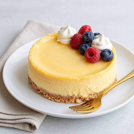 Photograph of a lemon cream cheesecake with a golden crust, topped with whipped cream, raspberries, and blueberries, on a white plate with