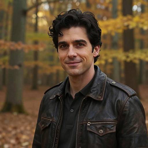 Photograph of a smiling man with dark, curly hair, wearing a black leather jacket, standing in a fall forest with yellow leaves.
