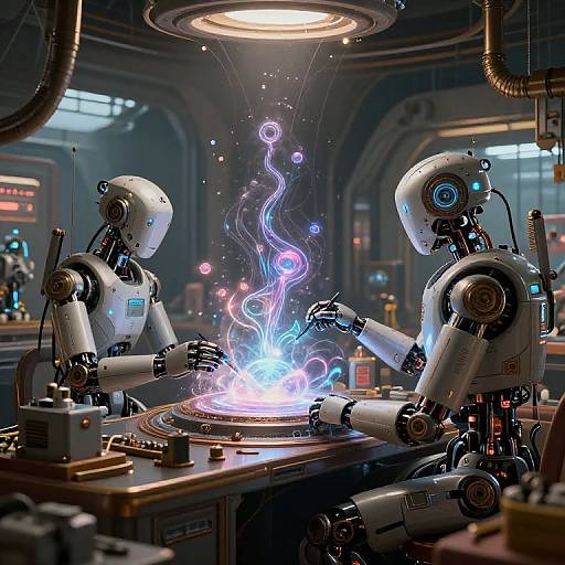 CGI image of two white robotic humans in a futuristic lab, creating a glowing, swirling blue and purple energy sphere on a circular metal table.