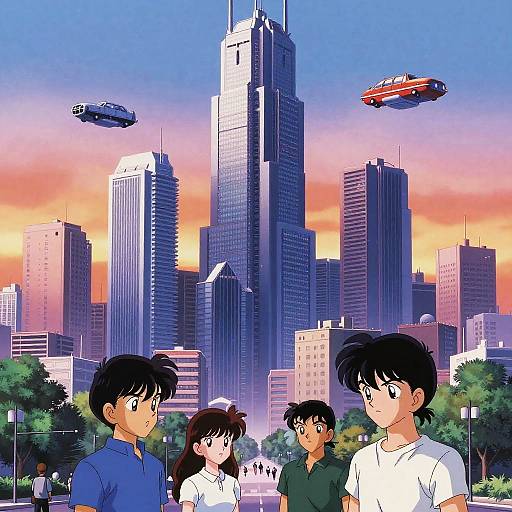 Anime-style illustration of four children standing in front of a futuristic cityscape with tall skyscrapers and flying cars at sunset.