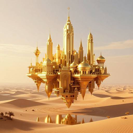 Golden floating castle with spires and domes, reflected in desert oasis, surrounded by sand dunes and palm trees, under a glowing sunset sky.