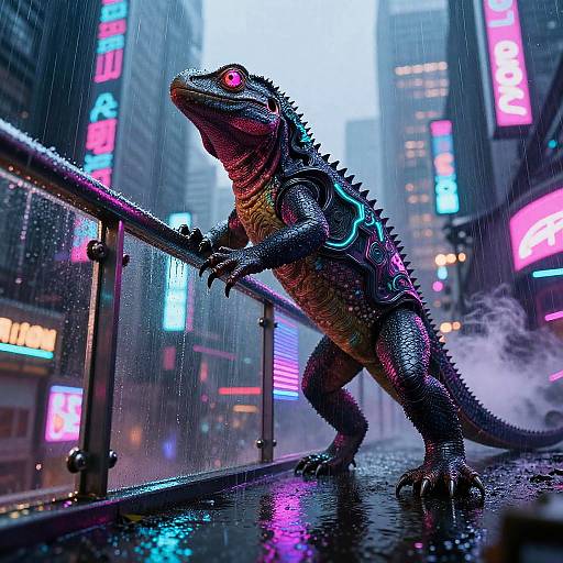 CGI image: Neon-lit, rainy urban street with a glowing, cybernetic iguana on a wet railing, surrounded by colorful,