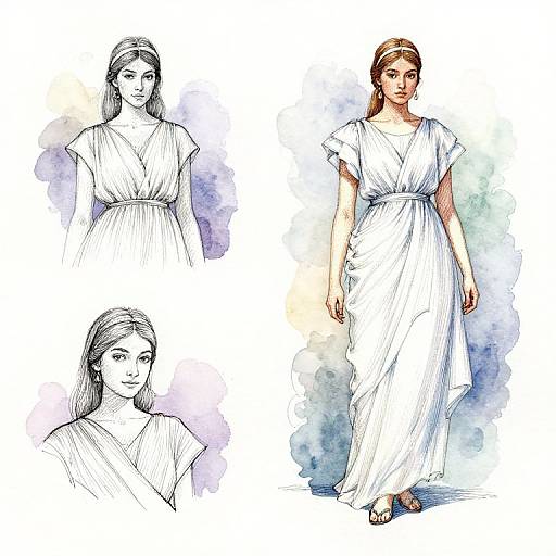 Watercolor sketch and detailed illustration of a young woman with long brown hair, wearing a white, draped, short-sleeve dress, standing on a