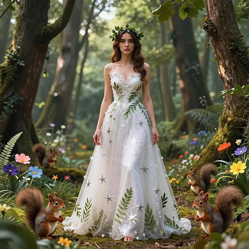 Photograph-style digital art: Enchanting forest scene with a fair-skinned woman in a white, star-patterned floral gown, crowned with leaves