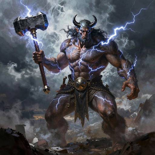 Digital artwork: Muscular, horned demon with glowing blue lightning, holding a large, electrified hammer, wearing a leather loincloth, standing