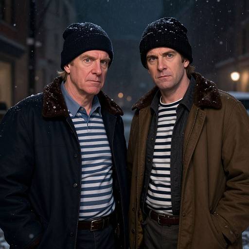 Photograph of two middle-aged men in black knit hats, striped shirts, and winter coats standing on a snowy urban street at night. Both have serious