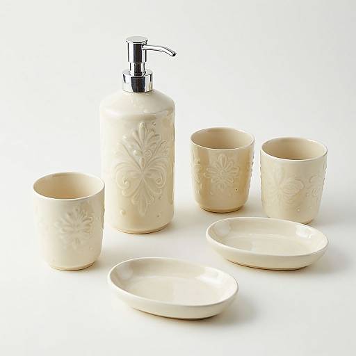 Elegant Cream Damask Ceramic Bath Set