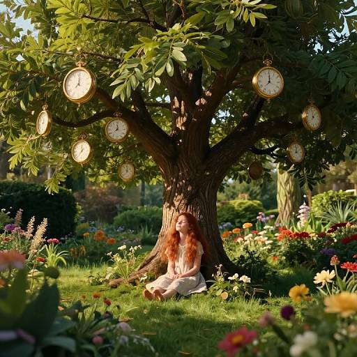 Photograph of a woman with red hair in a white dress, sitting at the base of a tree with clock faces hanging from its branches, surrounded by