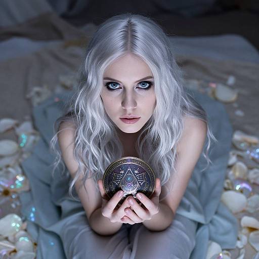 Photograph of a pale-skinned, silver-haired woman with striking blue eyes, holding a silver, intricately designed coin, surrounded by scattered shells on