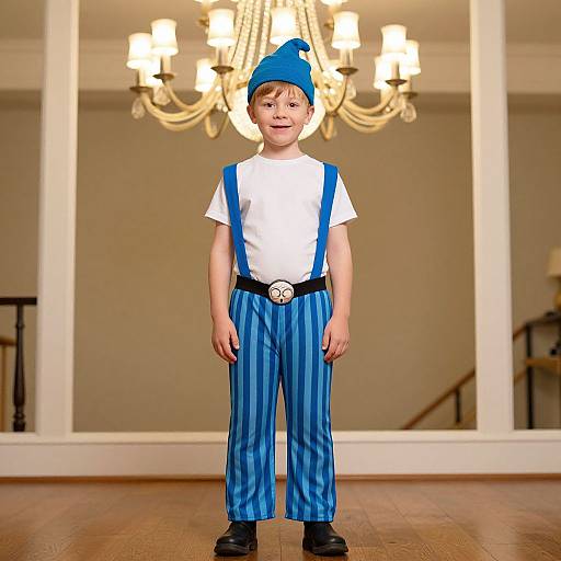 Photograph of a smiling young boy in blue striped pants, white shirt, blue suspenders, and blue hat, standing in a room with a ch