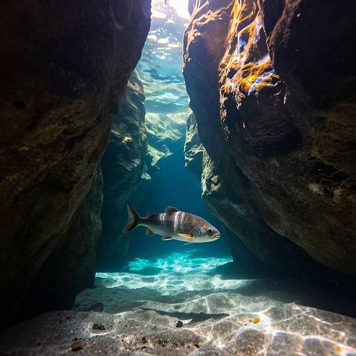 Sunlit Underwater Cavern with Fish