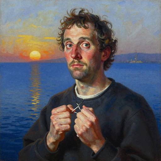 Man Holding Cross Necklace at Sunrise by the Sea