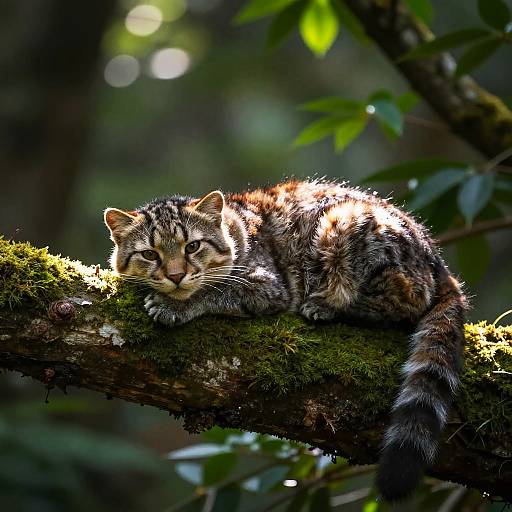 Fluffy Panther Resting on Mossy Branch