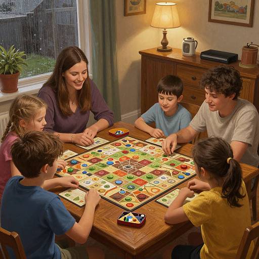 Photograph of a family playing a colorful board game around a wooden dining table in a warmly lit, cozy room.