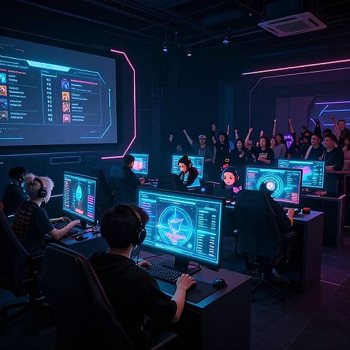 Photograph of a dimly-lit, high-tech conference room with a group of tech-savvy individuals, wearing headsets, focused on glowing