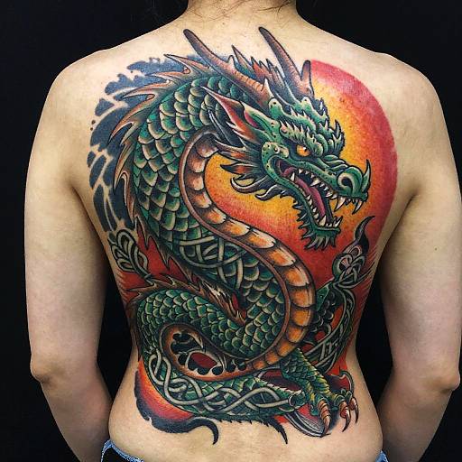 Tattoo of vibrant green, blue, and red dragon with scales, open mouth, and sharp horns on a person's back. Photograph.