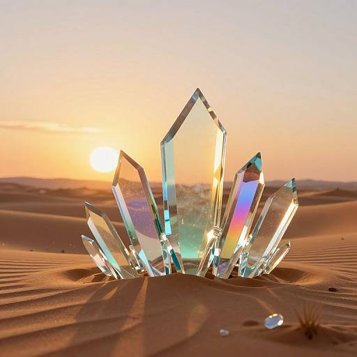 Photograph of crystal shards with iridescent reflections emerging from golden desert sand at sunset, casting soft shadows on rippled dunes.