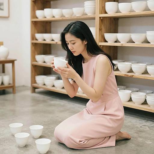 Contemplative Asian Woman with Ceramics