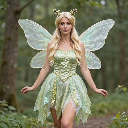 Photograph of a blonde fairy with translucent wings, wearing a light green, strapless, tulle dress and golden headpiece, standing in a forest
