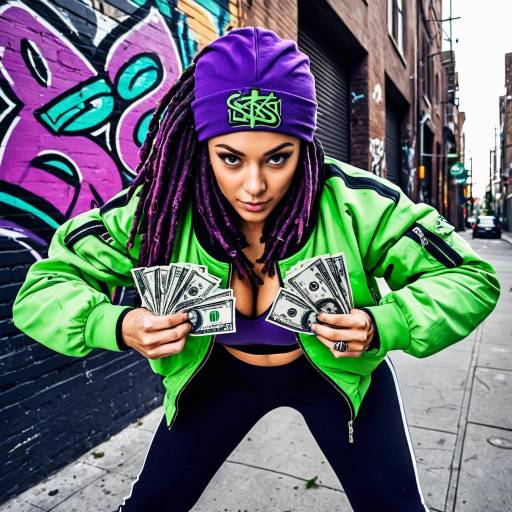 Urban Woman Holding Dollar Bills in Neon Jacket