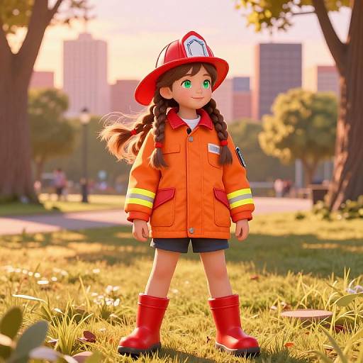 CGI image of a young girl with green eyes, wearing an orange firefighter jacket, red boots, and hat, standing in a sunlit park.