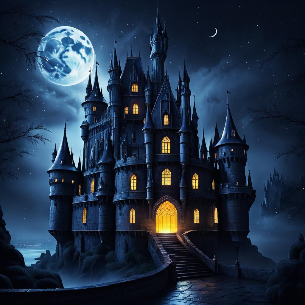 Eerie Nighttime Fantasy Castle Scene